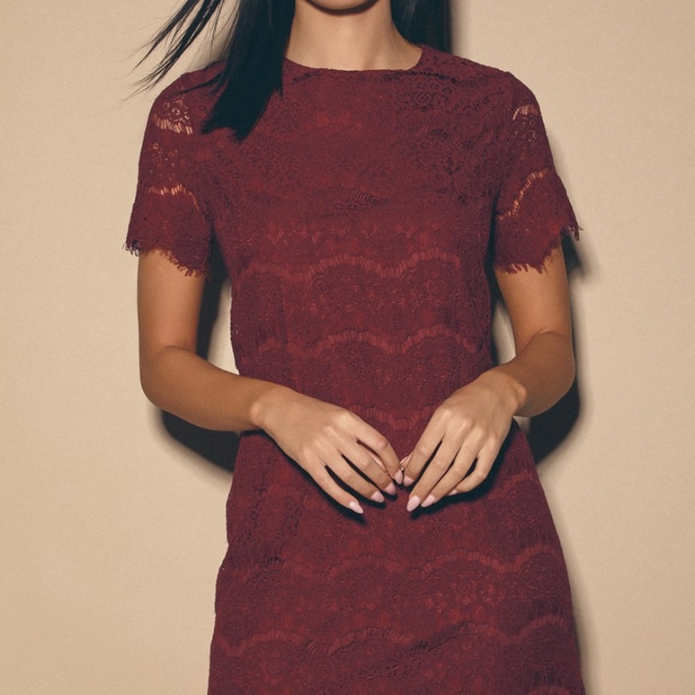 Take me to brunch burgundy lace shift dress